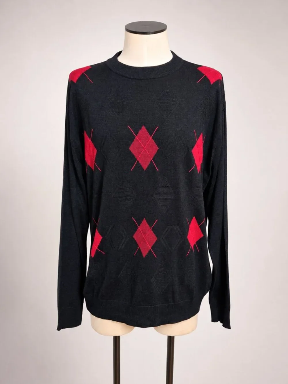 Protege Collection Black & Red Argyle Silk Cotton Knit Sweater XL